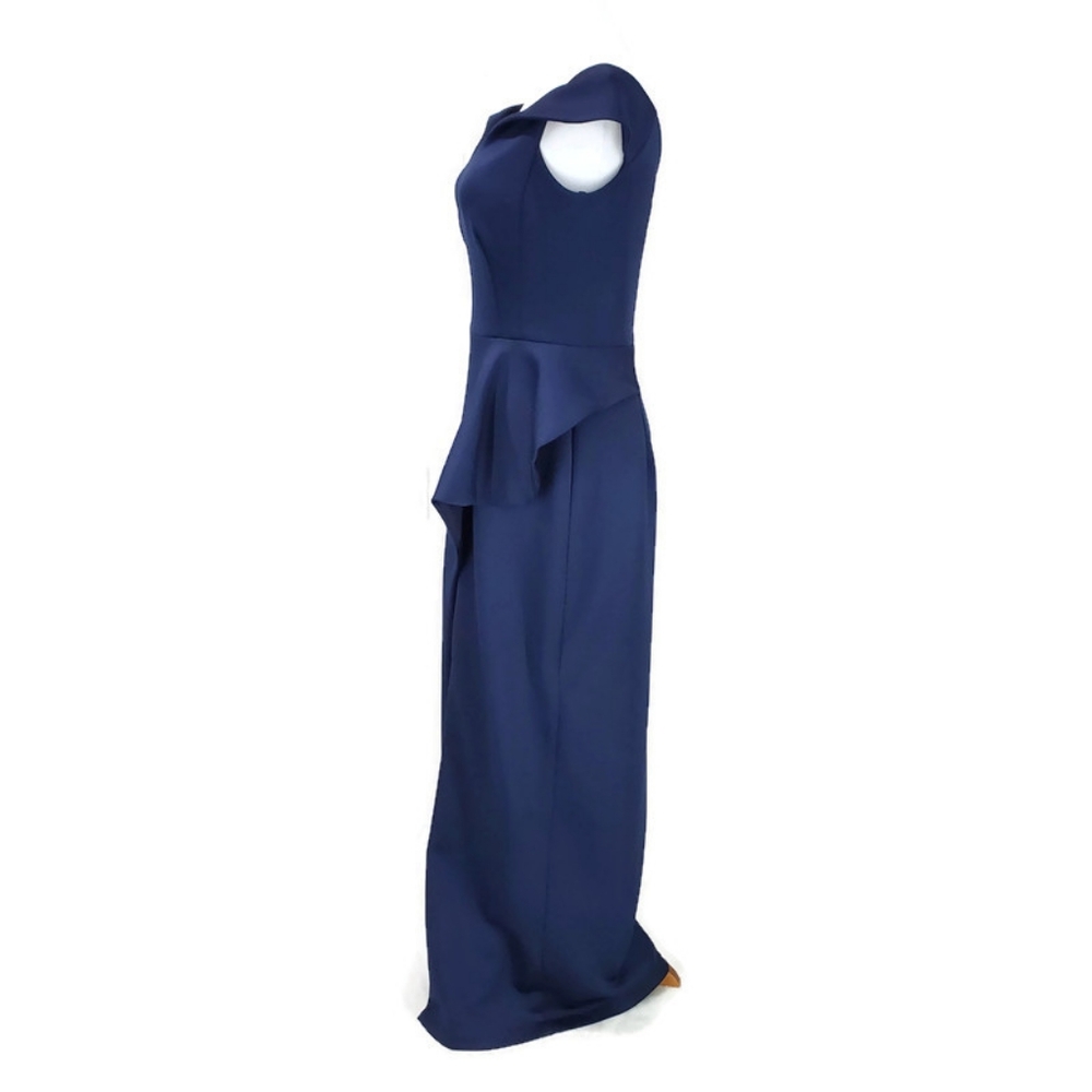 Black Halo Midnight Padma Gown Slit Front Navy Dress with Ruffle Wedding Formal - Picture 5 of 14